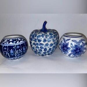 Vintage Blue and White Small Pumpkin Shaped Trinket Box and Candle Holders